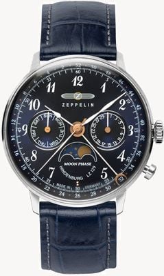 Zeppelin LZ 129 Hindenburg Moonphase (36mm) Night Blue Dial / Blue Leather Strap 7037-3