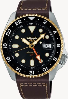 Seiko Reloj deportivo SKX GMT de 5 esferas en color negro moca y correa de piel marrón SSK036K1