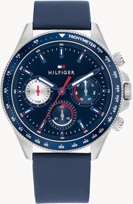 Tommy Hilfiger Reloj Clark para hombre (44 mm), esfera azul y correa de piel azul. 1792209