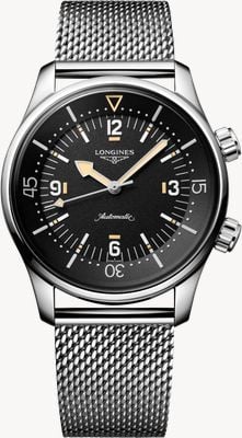 LONGINES Legend Diver 59 Automatik-Chronometer (42 mm) schwarzes gekörntes Zifferblatt / Edelstahl-Mesh-Armband L37954599