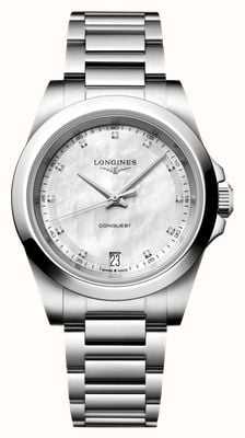 LONGINES Relógio Conquest com movimento de quartzo e diamantes (34 mm), mostrador em madrepérola branca e pulseira em aço inoxidável. L34604876