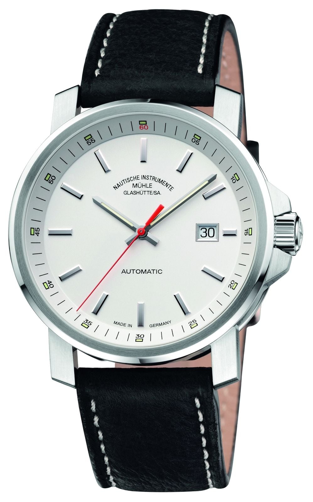 MÃ¼hle GlashÃ¼tte 29er grand bracelet en cuir cadran blanc montre