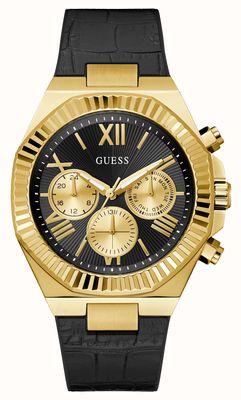 Guess Reloj multifunción Equity (44 mm), esfera negra con efecto rayos de sol y correa de silicona híbrida negra GW0791G3