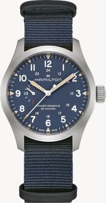 Hamilton Relógio mecânico Khaki Field com reserva de marcha (40 mm) mostrador azul / pulseira têxtil NATO azul H69509940