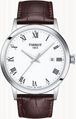 Tissot Klassieke droom quartz (42 mm) met witte wijzerplaat en bruine leren band. T1294101601300