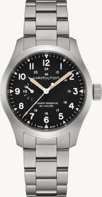 Hamilton Khaki mechanisch veld met gangreserve (40 mm), zwarte wijzerplaat / roestvrijstalen band H69509130
