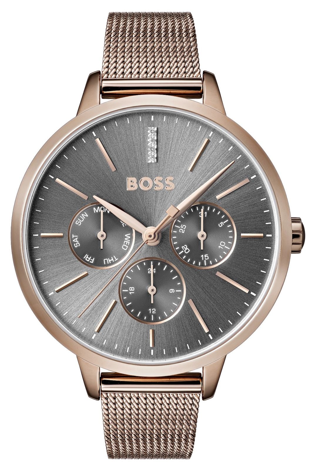 BOSS Cadran gris Symphony jour et date bracelet en maille montre