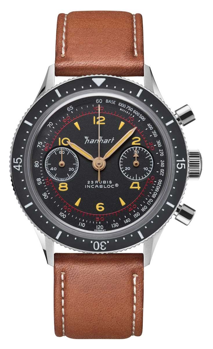 Hanhart 415 es emblÃ©matique (39 mm) cadran noir / bracelet montre