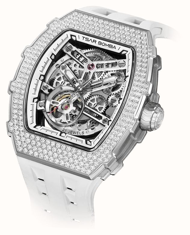 TSAR BOMBA Elemental Series Crystal Automatic (43mm) White Skeleton Dial / White FKM Rubber Strap TB8208D-11 - 备用视图 3