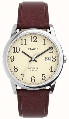 Timex Leicht ablesbares Herren-Armbanduhr mit cremefarbenem Zifferblatt und braunem Lederarmband TW2V68700