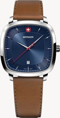 Wenger Quartzo clássico vintage (37 mm) com mostrador azul raiado / pulseira marrom Smartcycle 01.1921.106