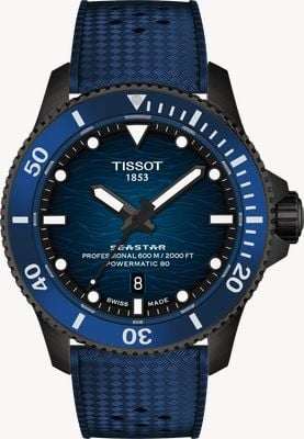 Tissot Seastar 2000 Powermatic 80 (44mm) Uhr mit blauem Wellenzifferblatt und blauem Gummiarmband T1209073704100
