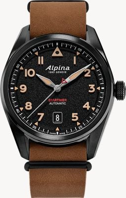 Alpina Startimer Pilot Automatik (40 mm) strukturiertes schwarzes Zifferblatt / braunes Leder-NATO-Armband AL-525BW4SB36