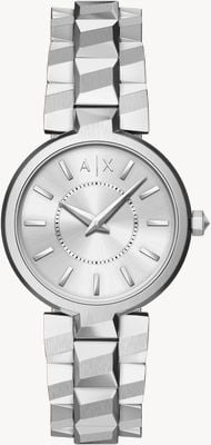 Armani Exchange Quarzwerk mit zwei Zeigern (34 mm), silbernes Zifferblatt mit Sonnenschliff / Edelstahlarmband AX4405
