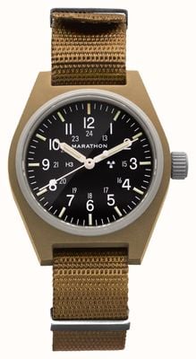 Marathon GPM Desert Tan Allzweck-Mechanik (34 mm), schwarzes Zifferblatt/braunes Armband aus balistischem Nylon WW194003DT-0103