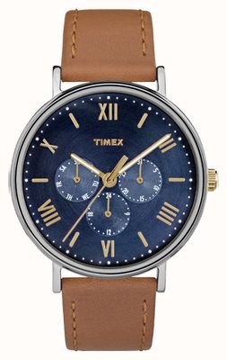 Timex Marlin Moon Phase - Montre Homme Cuir Brun - Calendrier Multifonction