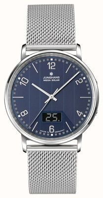 Junghans Milano Mega Solar com controle por rádio (39,2 mm), mostrador azul em vidro com célula solar e pulseira em aço inoxidável. 56/4629.44