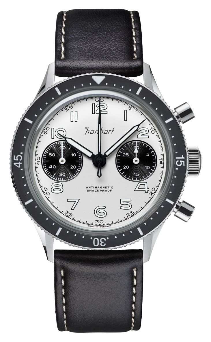 Hanhart 415 es panda (39 mm) cadran blanc / bracelet en cuir montre