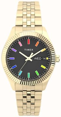 Timex Damen-Legacy-Regenbogen-Edelstahlarmband mit schwarzem Zifferblatt und goldfarbenem Zifferblatt TW2V61800