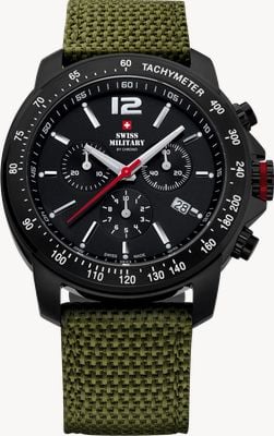 Swiss Military by Chrono Herren-Chronograph im Army-Stil (42 mm) schwarzes Zifferblatt / grünes Nylonarmband SM34033.07