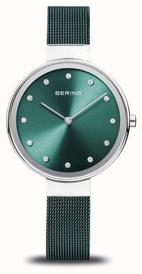 Bering klasyczny | zielona tarcza | zielona stalowa bransoletka typu mesh 12034-808