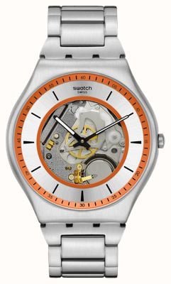 Swatch L'essence du ressort (42 mm) cadran ouvert argenté et orange / bracelet en acier inoxydable SS07S144G
