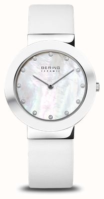 Bering Mostrador em cerâmica (38 mm) em madrepérola / pulseira em couro branco 11435-604