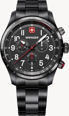 Wenger Cronógrafo de cuarzo Terragraph (43 mm) con esfera negra texturizada y brazalete de acero inoxidable con revestimiento PVD negro. 01.0543.117