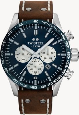 TW Steel Montre chronographe à quartz Volante (48 mm) cadran bleu / bracelet en cuir marron VS121