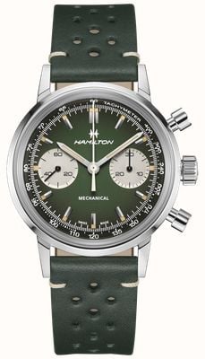 Hamilton Chronographe Intramatic H (40 mm), cadran vert, bracelet en cuir vert et maille en acier inoxydable, style classique américain. H38429861