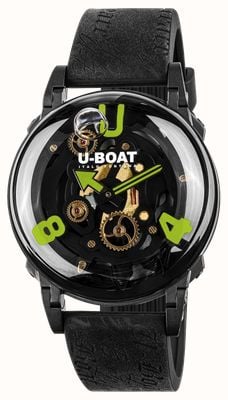 U-Boat U-65 PVD Green (44mm) Black Skeleton Dial / Black Vintage-Style Silicone Strap 3351