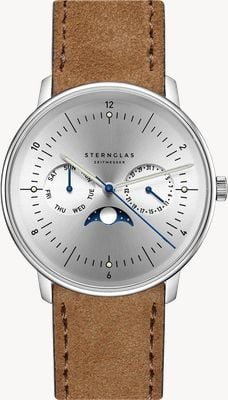 STERNGLAS Naos 月相石英腕表（38 毫米）月银色太阳纹表盘 / 棕色绒面革表带 S01-NM52-WL01