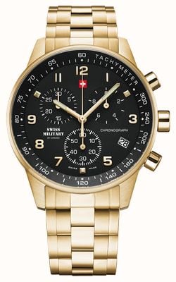 Swiss Military by Chrono Minimalistischer Herren-Chronograph (41 mm) mit schwarzem Zifferblatt und goldfarbenem PVD-Edelstahlarmband SM34012.12
