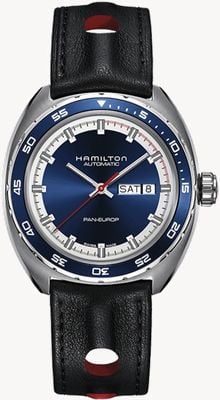 Hamilton American classic pan europ day-date automatique (42 mm) cadran bleu / bracelet cuir noir + bracelet nato H35405741
