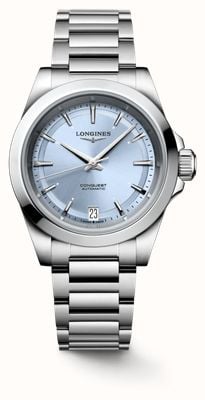 LONGINES 女士征服者自动腕表（34 毫米）浅蓝色表盘/不锈钢表链 L34304926