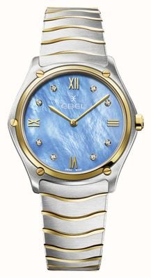EBEL Sportliche, klassische Grande-Damenuhr – 8 Diamanten (33 mm), ruhiges blaues Zifferblatt / 18 Karat Gold und Edelstahl 1216603