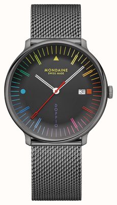 Mondaine Doppio, inspiriert vom Bauhaus (41 mm), schwarzes Zifferblatt / schwarzes PVD-beschichtetes Edelstahl-Mesh-Armband MLE.41221.SM