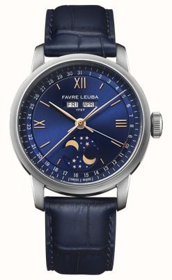 Favre Leuba Relógio automático 1737 com triplo calendário e fases da lua (39 mm), mostrador azul com acabamento raios de sol / pulseira de couro azul. 00.20501.108.02.102
