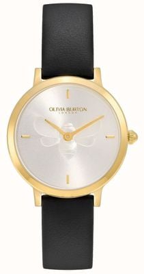 Olivia Burton Abeille ultra fine signature | cadran argenté | bracelet en cuir noir 24000019