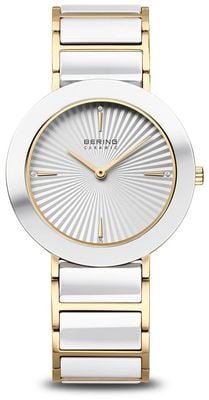 Bering Klassische Keramik (34 mm) silbernes Sunray-Zifferblatt / weiße Keramik und goldfarbenes PVD-Edelstahlarmband 11435-758
