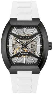 Bulova Maquina Automatik (40 mm) schwarzes Skelettzifferblatt / weißes Gummiarmband 98A345