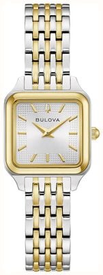 Bulova Sutton quartz (23 mm) zilverkleurige wijzerplaat met zonnestraalmotief / tweekleurige roestvrijstalen armband 98L330