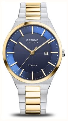 Bering Herrenuhr aus Titan (39 mm), blaues Zifferblatt/zweifarbiges Titanarmband 14439-717