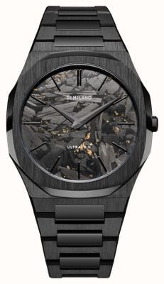D1 Milano Ultradünnes schwarzes DLC (40 mm) Zifferblatt aus schwarzem und goldenem Carbon / Armband aus schwarzem PVD-beschichtetem Edelstahl UTBJ31