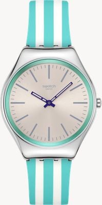 Swatch Beach Hour (38 mm) silbernes Zifferblatt mit Sonnenschliff / türkis-weiß gestreiftes Silikonarmband SYXS160