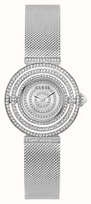 Guess Damska bransoleta ze stalowej siatki w kolorze srebrnym z kryształową tarczą GW0550L1