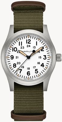 Hamilton Relógio Khaki Field mecânico (42 mm) mostrador branco / pulseira NATO verde H69529913