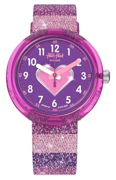 Flik Flak Cadran violet rayÃ© pailletÃ© / bracelet tissu ray montre