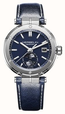 Herbelin Montre Newport Moonphase automatique (40,5 mm), cadran bleu / bracelet en cuir bleu 2889A15LBL