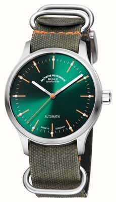 Mühle Glashütte Panova 绿色自动腕表（40 毫米）绿色太阳纹表盘 / 绿色北约织物表带 M1-40-76-NB